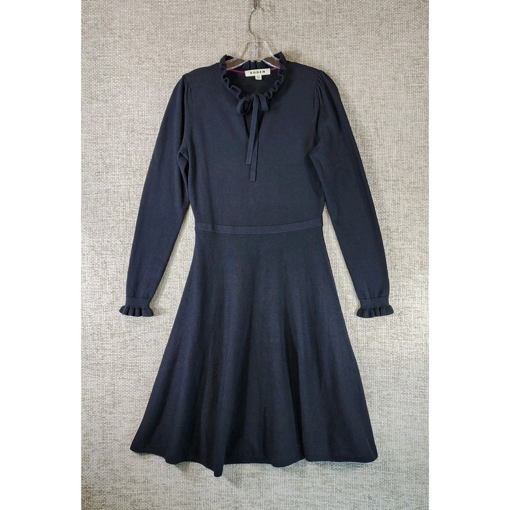 Boden Cotton Wool Knit Sweater Dress Womens 2 Black Ruffle Collar Cuff Fit Flare